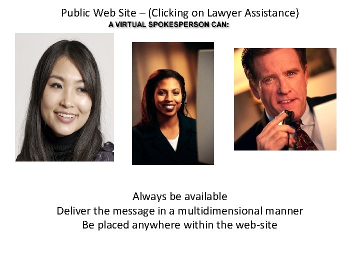 Public Web Site – (Clicking on Lawyer Assistance) Always be available Deliver the message