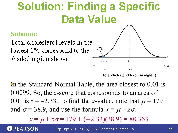 Solution: Finding a Specific Data Value Solution: Total cholesterol levels in the lowest 1%