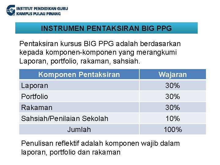 INSTITUT PENDIDIKAN GURU KAMPUS PULAU PINANG INSTRUMEN PENTAKSIRAN BIG PPG Pentaksiran kursus BIG PPG