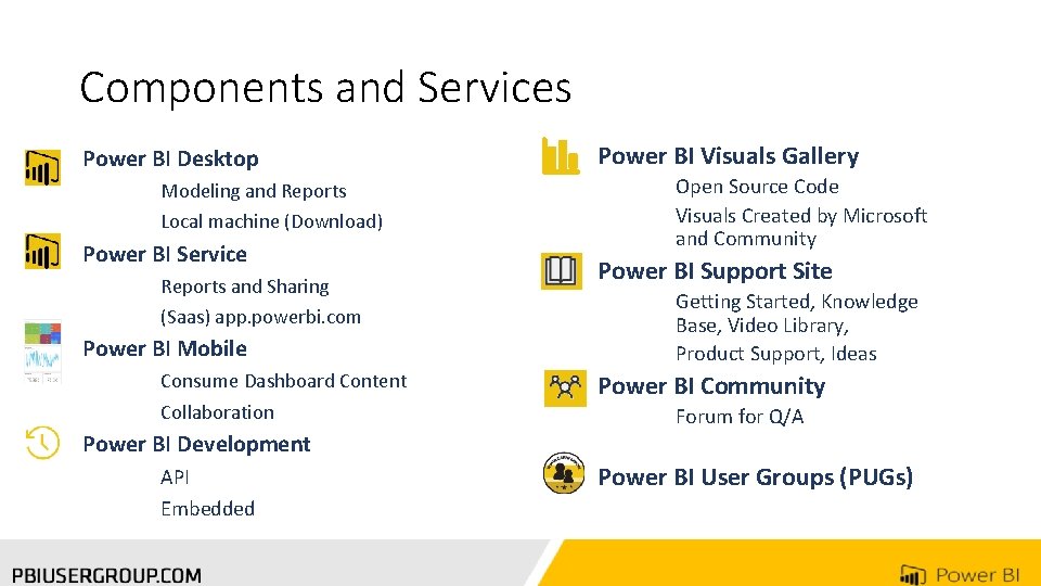 Components and Services Power BI Desktop Modeling and Reports Local machine (Download) Power BI