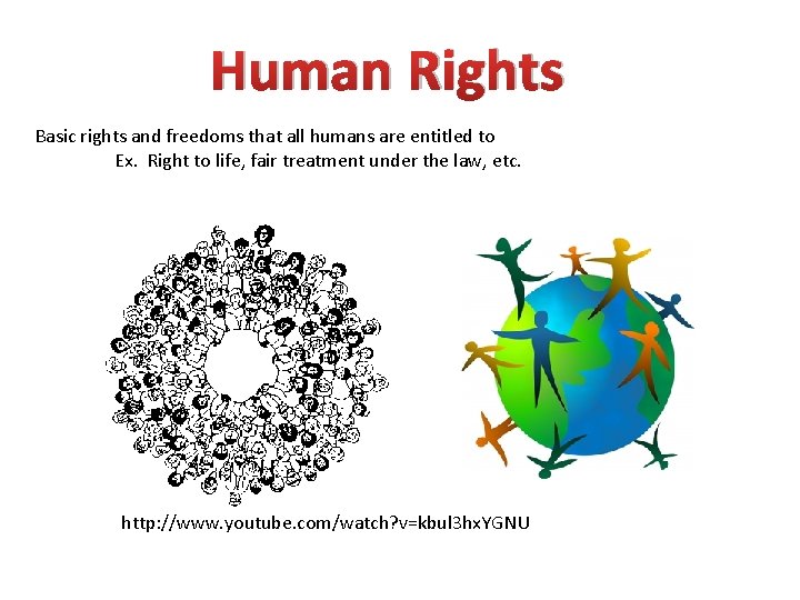 Human Rights Basic rights and freedoms that all humans are entitled to Ex. Right