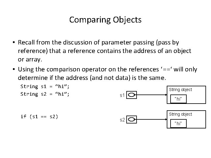 Comparing Objects • Recall from the discussion of parameter passing (pass by reference) that Comparing Objects • Recall from the discussion of parameter passing (pass by reference) that