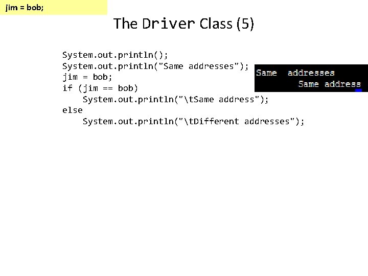 jim = bob; The Driver Class (5) System. out. println(); System. out. println("Same addresses"); jim = bob; The Driver Class (5) System. out. println(); System. out. println("Same addresses");