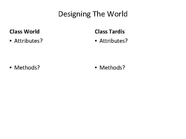 Designing The World Class Tardis • Attributes? • Methods? Designing The World Class Tardis • Attributes? • Methods?