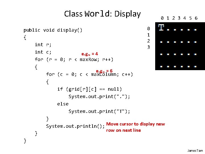 Class World: Display 0 1 2 3 4 5 6 0 public void display() Class World: Display 0 1 2 3 4 5 6 0 public void display()