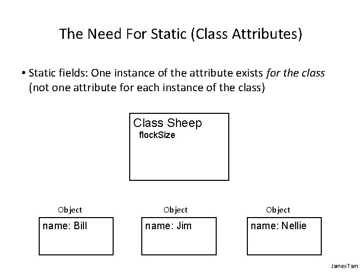 The Need For Static (Class Attributes) • Static fields: One instance of the attribute The Need For Static (Class Attributes) • Static fields: One instance of the attribute