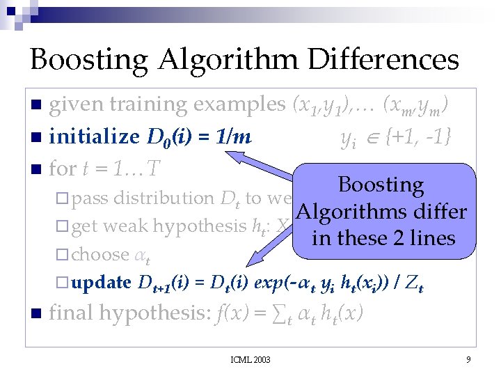 Boosting Algorithm Differences given training examples (x 1, y 1), … (xm, ym) n