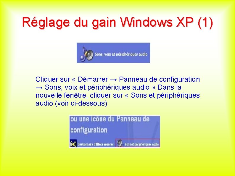 Réglage du gain Windows XP (1) Cliquer sur « Démarrer → Panneau de configuration