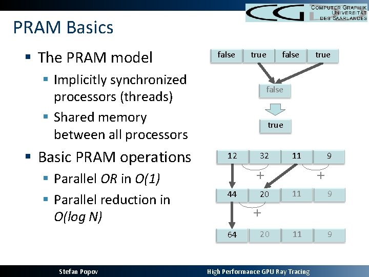 PRAM Basics § The PRAM model false true § Implicitly synchronized processors (threads) §