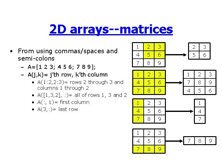 2 D arrays--matrices • From using commas/spaces and semi-colons – A=[1 2 3; 4
