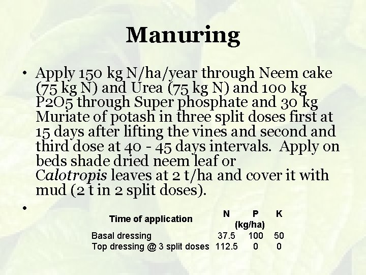 Manuring • Apply 150 kg N/ha/year through Neem cake (75 kg N) and Urea