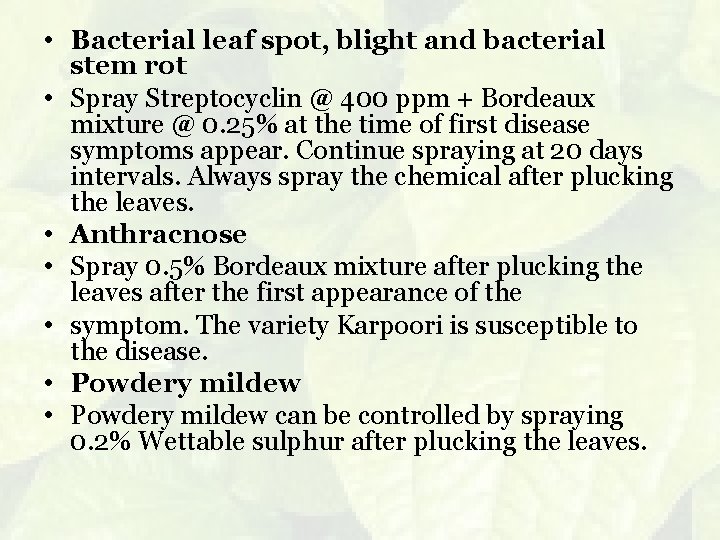  • Bacterial leaf spot, blight and bacterial stem rot • Spray Streptocyclin @