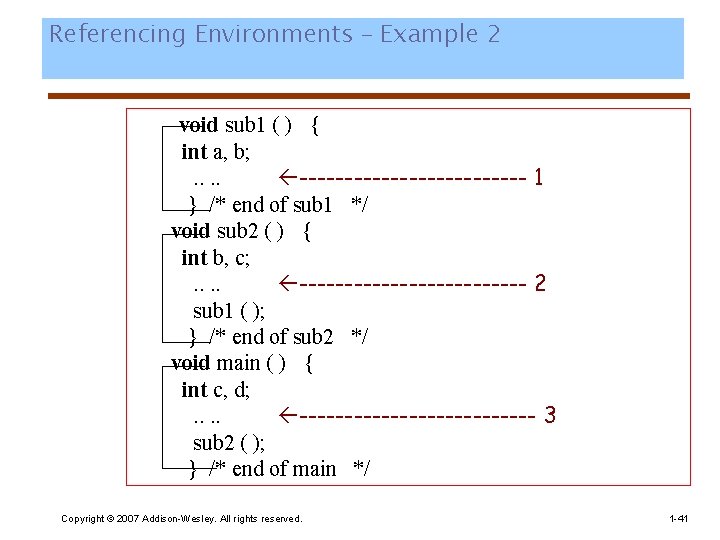 Referencing Environments – Example 2 void sub 1 ( ) { int a, b;