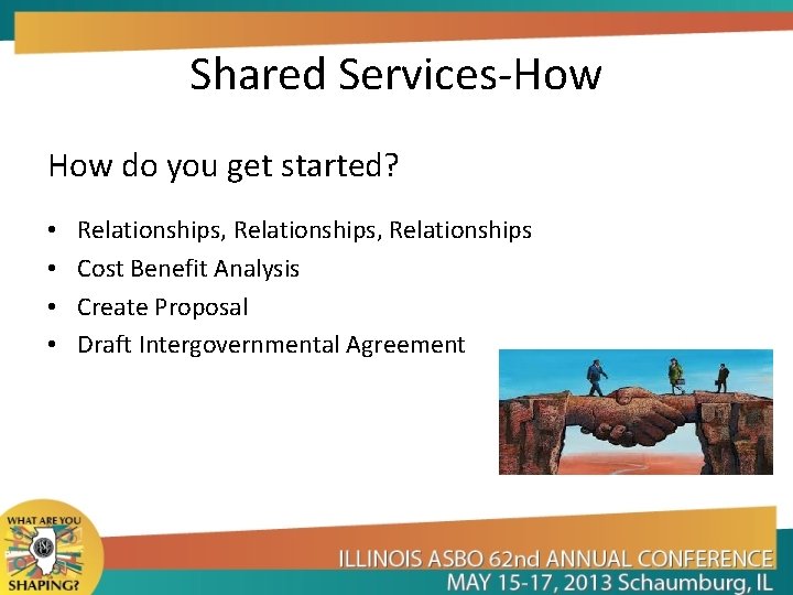 Shared Services-How do you get started? • • Relationships, Relationships Cost Benefit Analysis Create