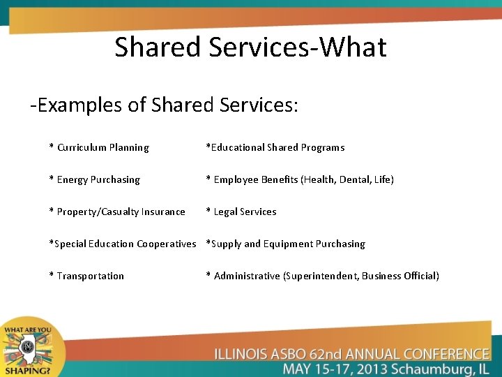 Shared Services-What -Examples of Shared Services: * Curriculum Planning *Educational Shared Programs * Energy