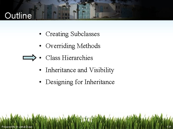 Outline • Creating Subclasses • Overriding Methods • Class Hierarchies • Inheritance and Visibility Outline • Creating Subclasses • Overriding Methods • Class Hierarchies • Inheritance and Visibility