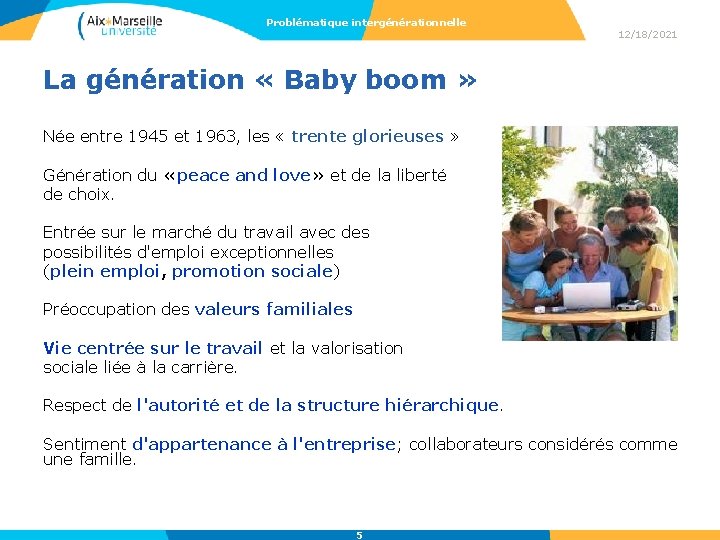 Problématique intergénérationnelle 12/18/2021 La génération « Baby boom » Née entre 1945 et 1963,