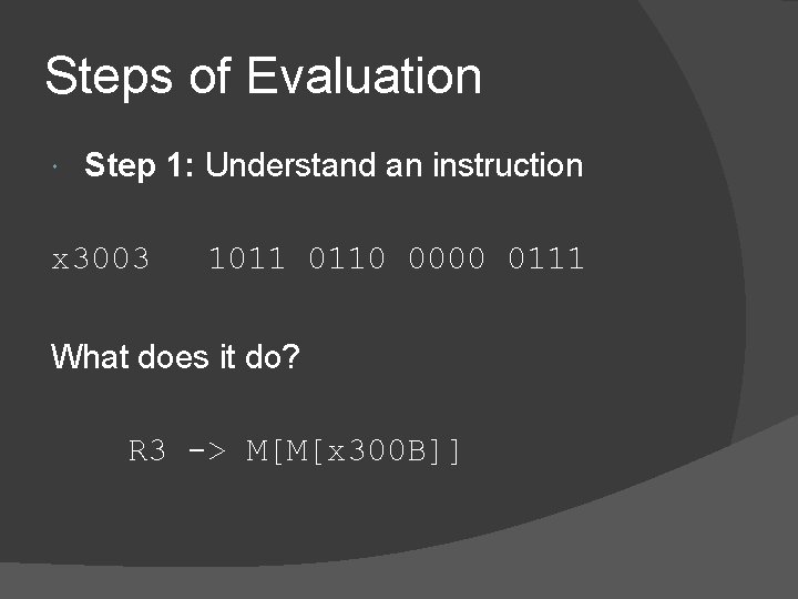 Steps of Evaluation Step 1: Understand an instruction x 3003 1011 0110 0000 0111