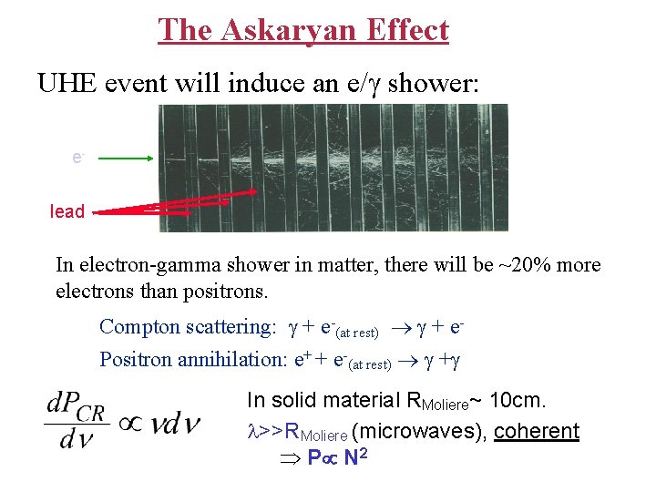 The Askaryan Effect UHE event will induce an e/ shower: elead In electron-gamma shower