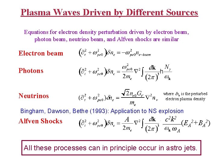 Plasma Waves Driven by Different Sources Equations for electron density perturbation driven by electron