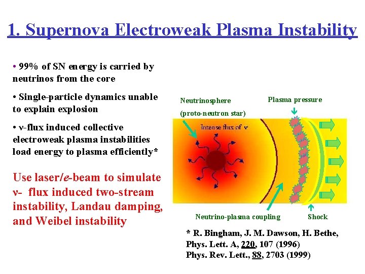 1. Supernova Electroweak Plasma Instability • 99% of SN energy is carried by neutrinos