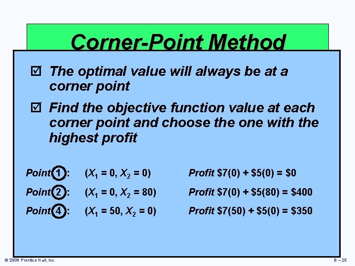 Corner-Point Method þ The optimal value will always be at a corner point þ