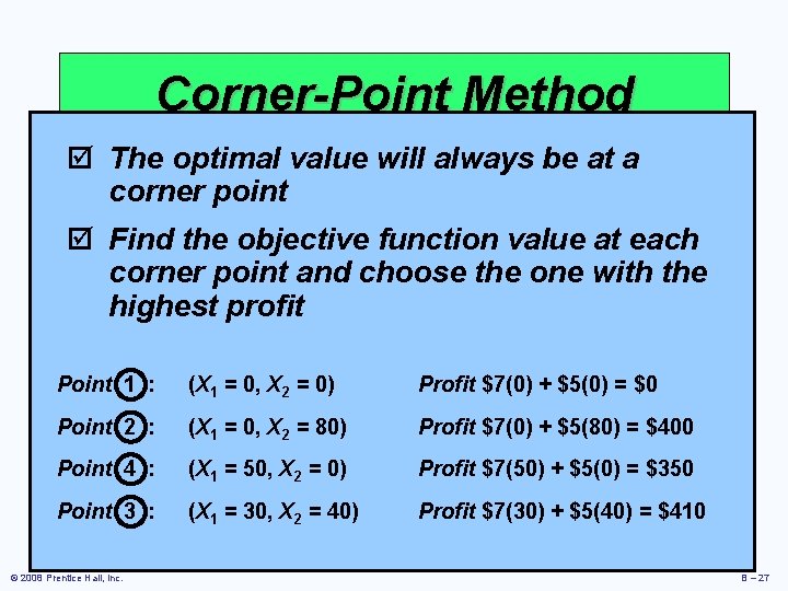 Corner-Point Method þ The optimal value will always be at a corner point þ
