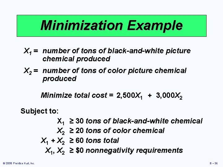 Minimization Example X 1 = number of tons of black-and-white picture chemical produced X