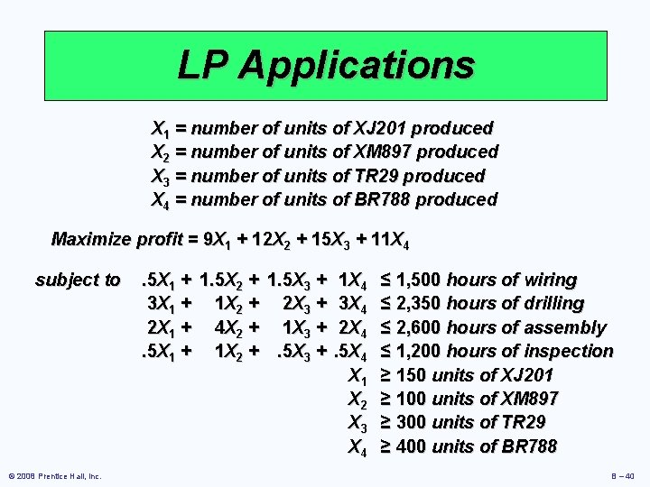 LP Applications X 1 = number of units of XJ 201 produced X 2