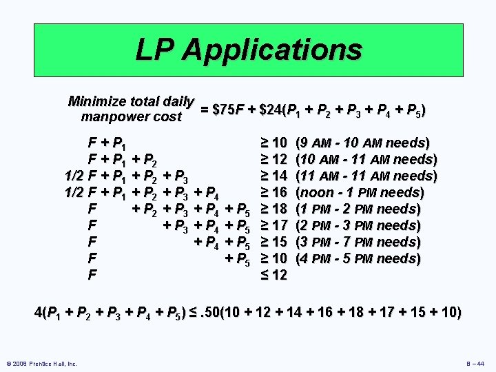 LP Applications Minimize total daily manpower cost = $75 F + $24(P 1 +