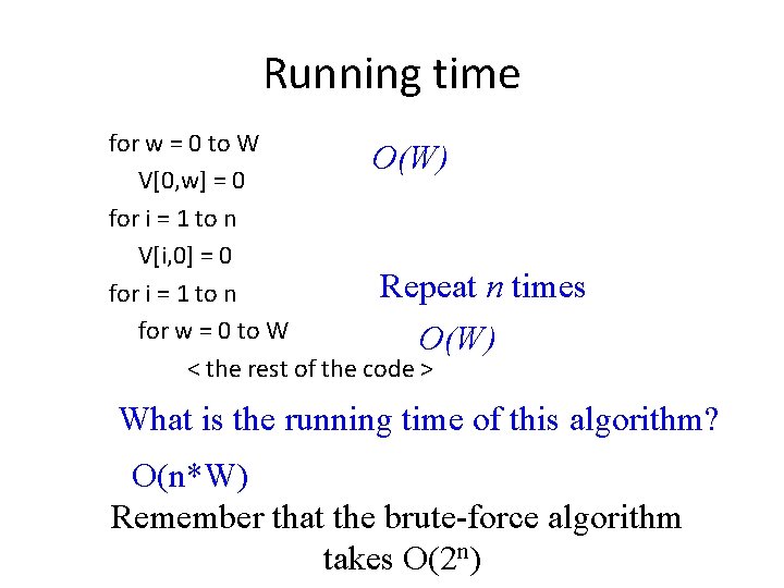 Running time for w = 0 to W O(W) V[0, w] = 0 for