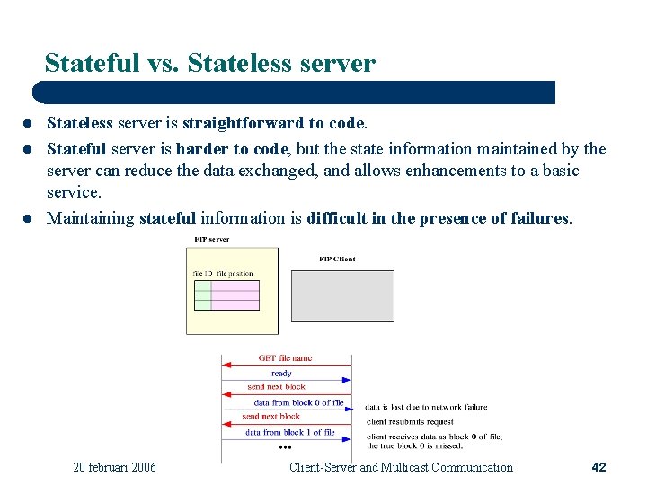 Stateful vs. Stateless server l l l Stateless server is straightforward to code. Stateful