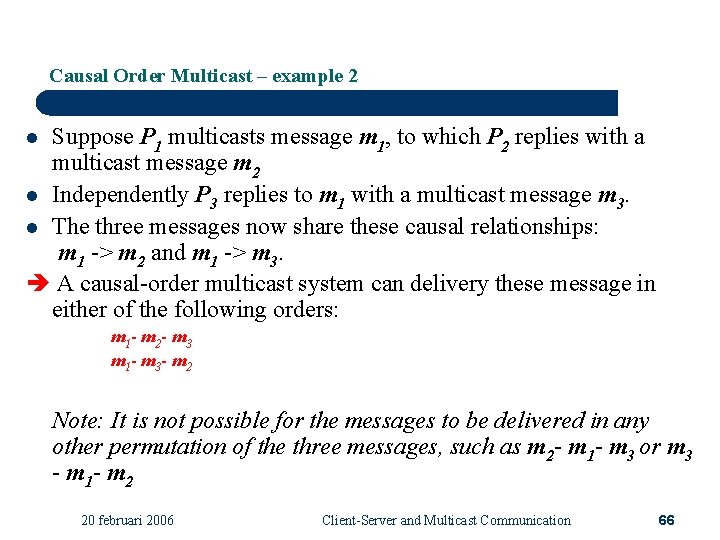 Causal Order Multicast – example 2 Suppose P 1 multicasts message m 1, to