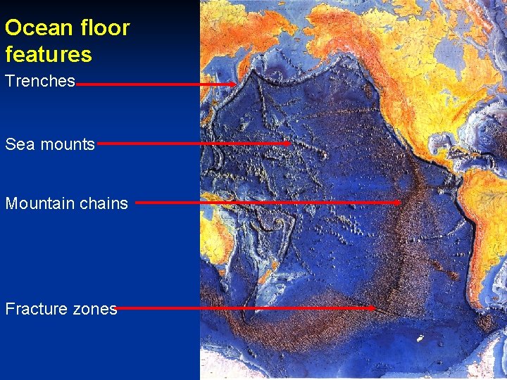 Ocean floor features Trenches Sea mounts Mountain chains Fracture zones 