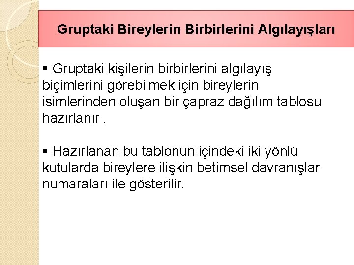 Gruptaki Bireylerin Birbirlerini Algılayışları § Gruptaki kişilerin birbirlerini algılayış biçimlerini görebilmek için bireylerin isimlerinden