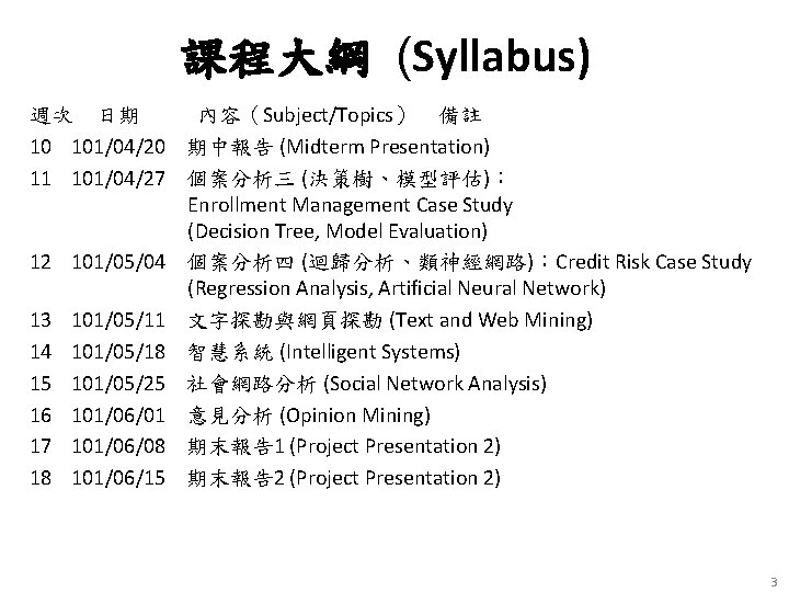 課程大綱 (Syllabus) 週次 日期 內容（Subject/Topics） 備註 10 101/04/20 期中報告 (Midterm Presentation) 11 101/04/27 個案分析三