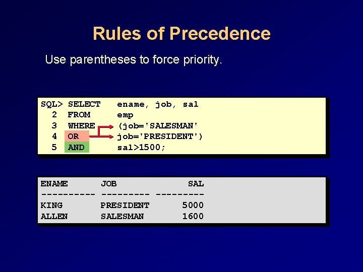 Rules of Precedence Use parentheses to force priority. SQL> 2 3 4 5 SELECT Rules of Precedence Use parentheses to force priority. SQL> 2 3 4 5 SELECT