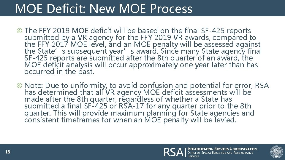 MOE Deficit: New MOE Process The FFY 2019 MOE deficit will be based on