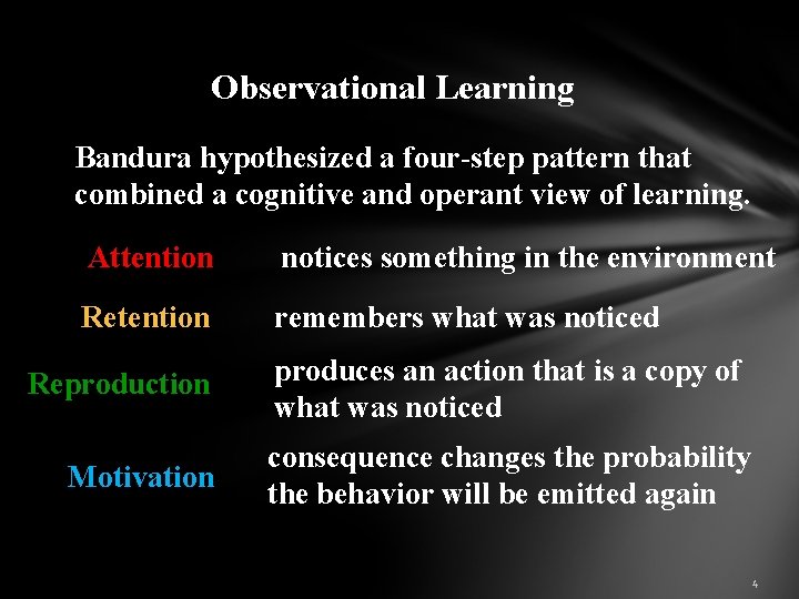 Observational Learning Bandura hypothesized a four-step pattern that combined a cognitive and operant view