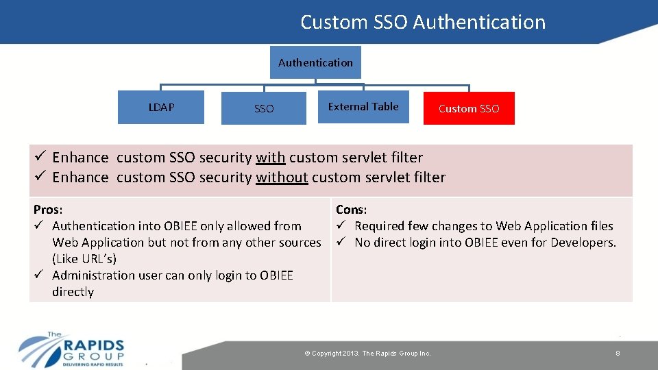 Custom SSO Authentication LDAP External Table SSO Custom SSO ü Enhance custom SSO security