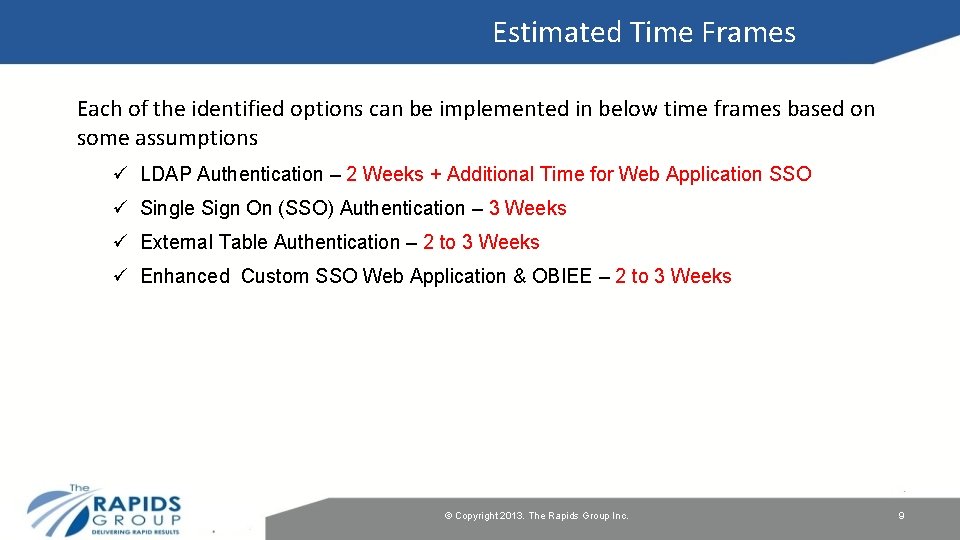 Estimated Time Frames Each of the identified options can be implemented in below time