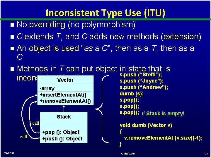 Inconsistent Type Use (ITU) No overriding (no polymorphism) n C extends T, and C