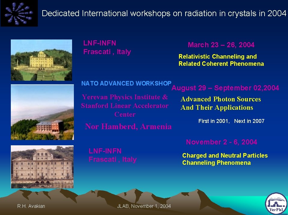 Dedicated International workshops on radiation in crystals in 2004 LNF-INFN Frascati , Italy March