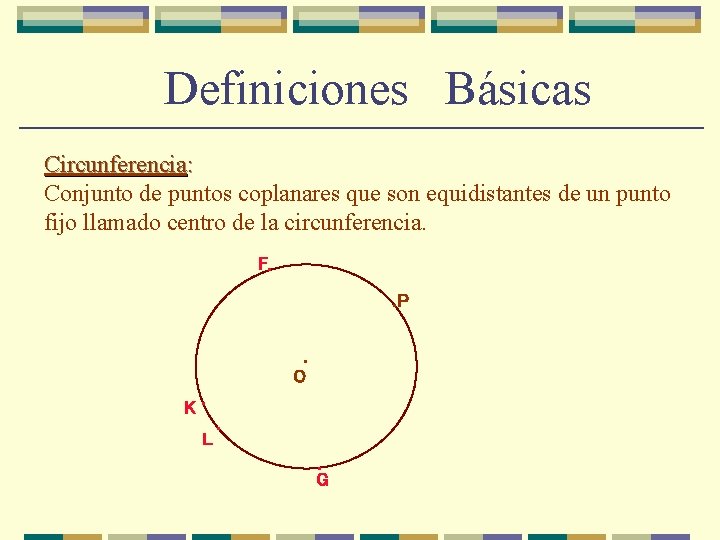 Definiciones Básicas Circunferencia: Conjunto de puntos coplanares que son equidistantes de un punto fijo