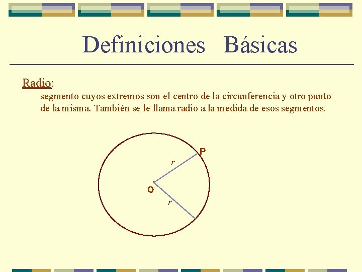 Definiciones Básicas Radio: segmento cuyos extremos son el centro de la circunferencia y otro