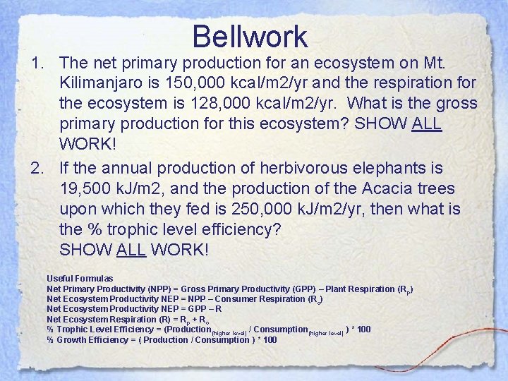 Bellwork 1. The net primary production for an ecosystem on Mt. Kilimanjaro is 150,