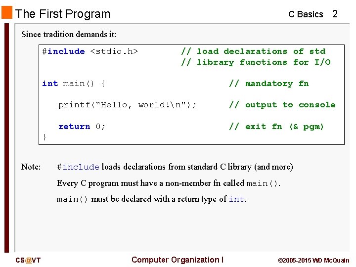 The First Program C Basics 2 Since tradition demands it: #include <stdio. h> //