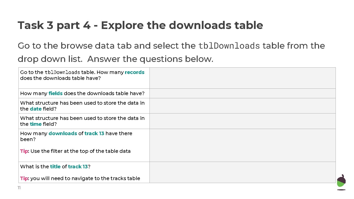 Task 3 part 4 - Explore the downloads table Go to the browse data Task 3 part 4 - Explore the downloads table Go to the browse data