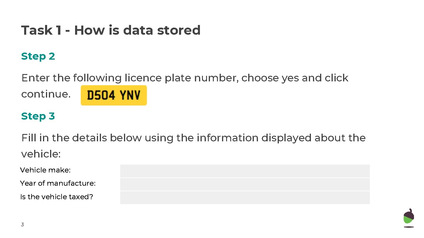 Task 1 - How is data stored Step 2 Enter the following licence plate Task 1 - How is data stored Step 2 Enter the following licence plate