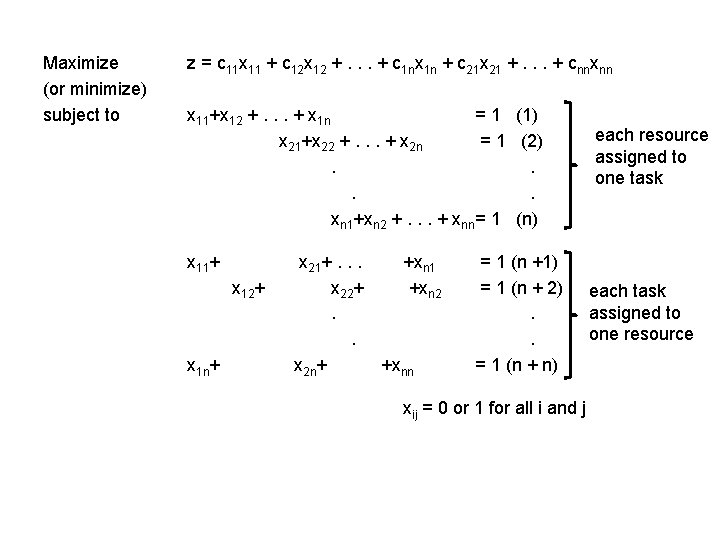 Maximize (or minimize) subject to z = c 11 x 11 + c 12 Maximize (or minimize) subject to z = c 11 x 11 + c 12